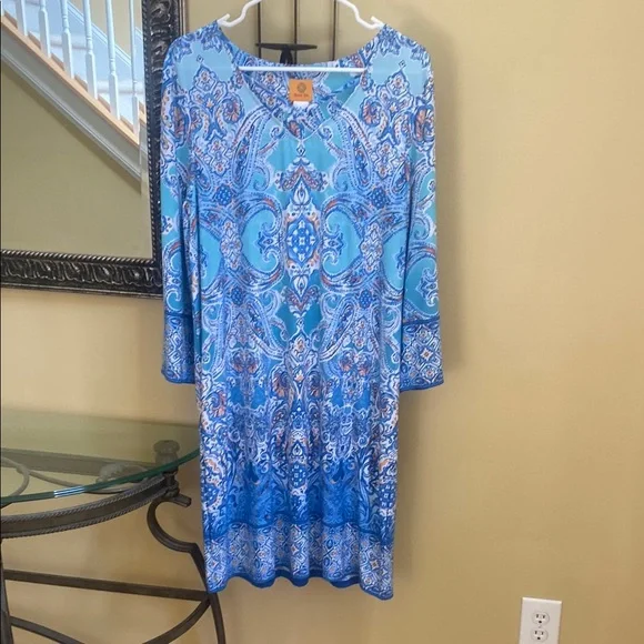 Ruby Rd womens Large Elegant Blue Paisley Dress with criss cross neckline detail - Picture 1 of 7